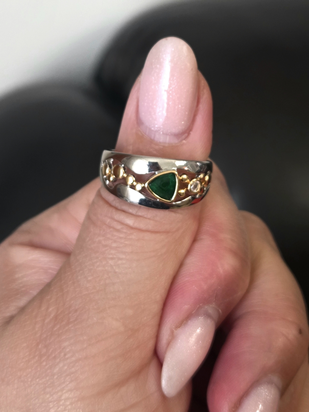 Sterling-Inspired Silver Ring with Green Teardrop Stone and Gold Accents